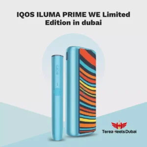 IQOS ILUMA PRIME WE Limited Edition featuring a metallic sky blue body and a multi-colored wave-patterned fabric wrap.